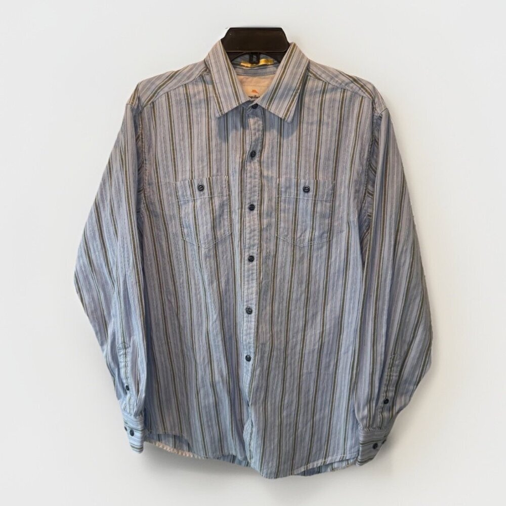 Tommy Bahama Mens Blue Stripe Cotton Button Down Shirt Large Coastal Classic